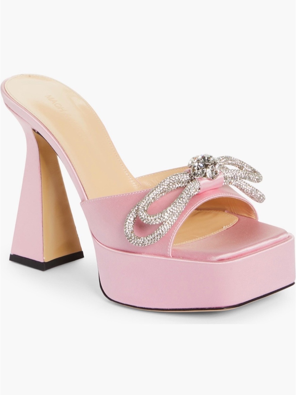 MACH & MACH Pink Satin Crystal-Bow Platform Mule